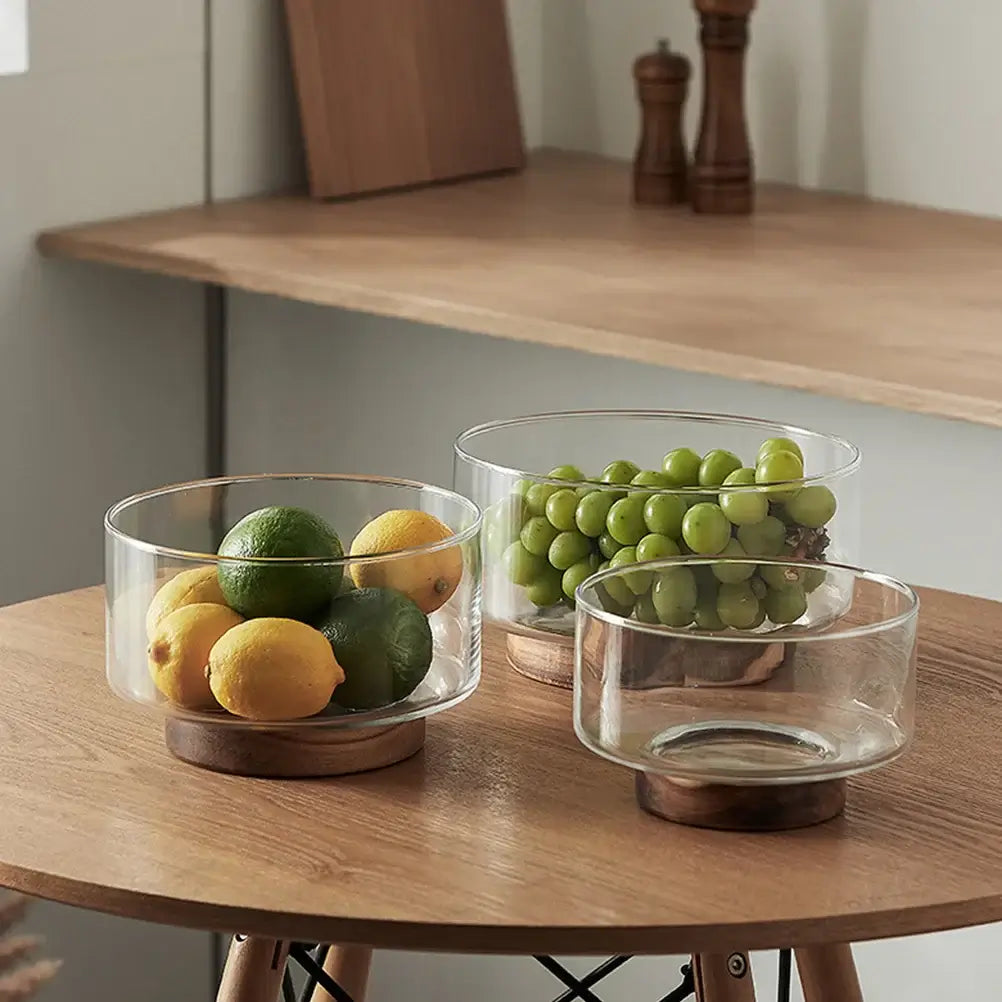 Bowls, Bowls, Bowls, Serenity Glass Bowl with Wooden Base - Japanese Inspired Elegance