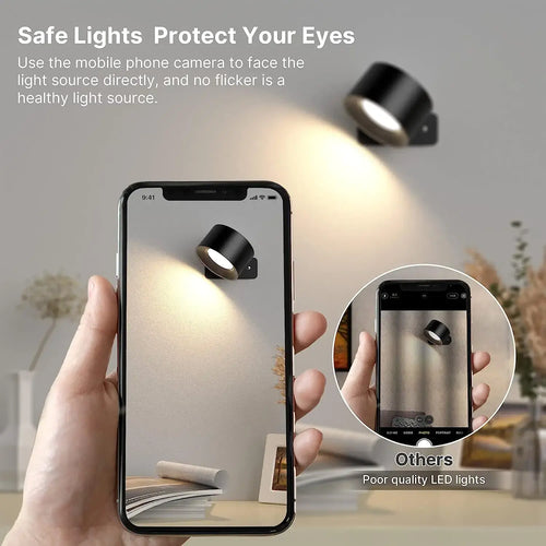Rechargeable Bedside Wall Lamp demonstrating eye-caring LED light, highlighting touch control and magnetic mount features.