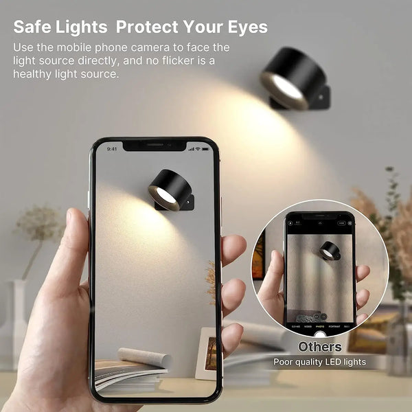 Rechargeable Bedside Wall Lamp demonstrating eye-caring LED light, highlighting touch control and magnetic mount features.