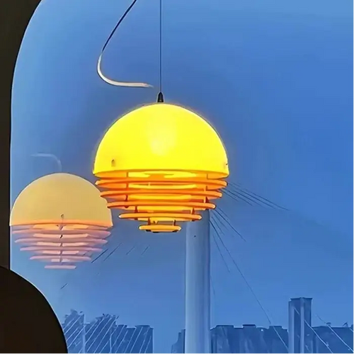 Nordic Orange Pendant Light Retro E27 Ceiling Lamp 30cm illuminating a modern living space with warm light.
