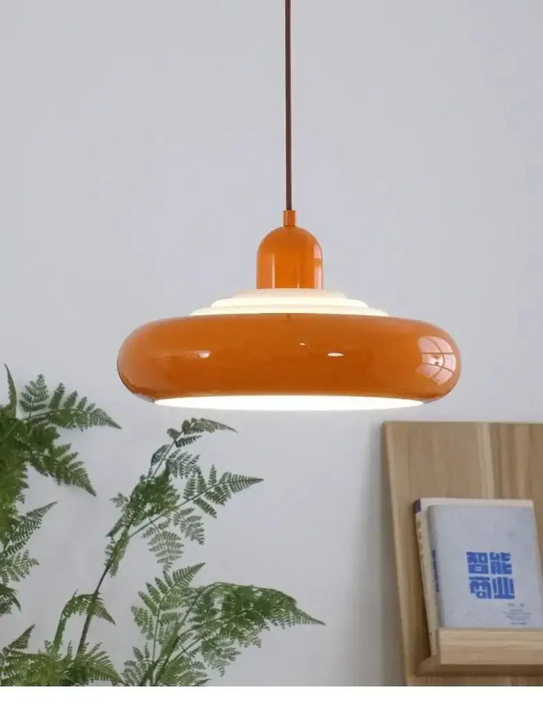 Cream Enamel Vintage Pendant Light with Chrome Detail