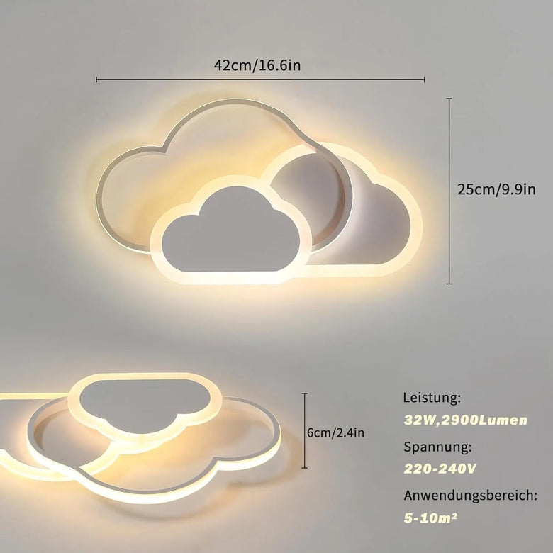 Cloud-shaped LED wall light shown in two views with dimension annotations: a larger view indicating 42cm by 25cm and a smaller view indicating 6cm. The light has a warm white glowing edge and a translucent gray cloud body, with German technical specs listed on the right.