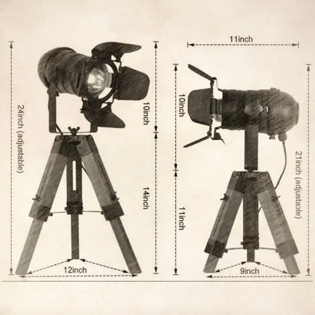 Dimensions of the industrial tripod table lamp: adjustable height and head size
