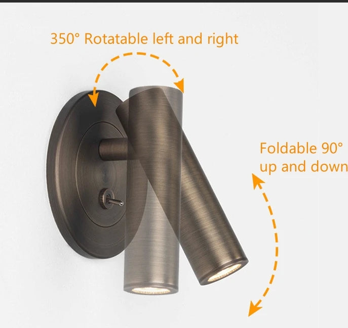 Wall-mounted adjustable lamp head with rotatable and foldable features on a white background