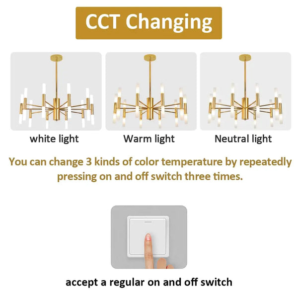 CCT Changing for Modern Gold LED Chandelier – 20-Head G4 Luxury Ceiling Light with white, warm, and neutral light options.