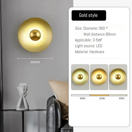 Colourful 30 cm Modern Circle Wall Light with Gold showcasing its stylish design and LED light source options.