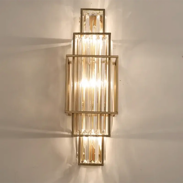Modern Art Deco Crystal Wall Lamp – Luxurious Geometric Design with elegant gold frames and crystal-clear glass.