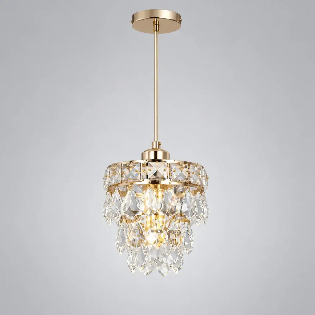 Gold K9 crystal mini pendant light, modern glam, on a light grey background