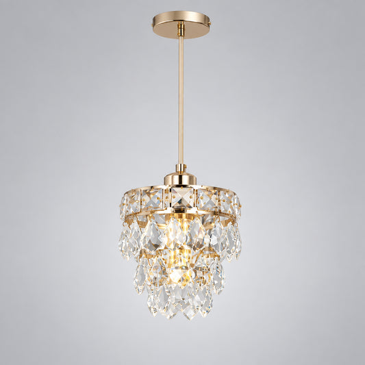 Gold K9 crystal mini pendant light, modern glam, on a light grey background