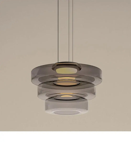 Layered Glass Pendant Light – Modern Amber, Green or Smoke Grey LED Suspension in smoke grey finish.