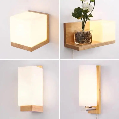 Wood and Frosted Glass Japanese Minimalist Sconces showcasing modern designs with plant integration.