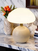Mushroom LED USB Table Lamp in Pink – Soft Glow Bedside Lighting on a marble tabletop with flowers.