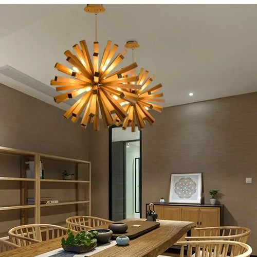 Solid Wood Oak Chandelier: Explosive Ball LED Light Fixture for Modern Living hanging in a contemporary dining space.