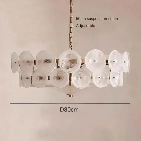 Luxurious Glass Disc Chandelier – 50s Chic with adjustable 50cm suspension, featuring vintage-style amber glass discs and plated finish.