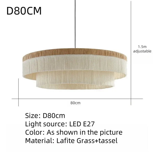 French Retro Grand Fringe Pendant Light – 80cm Vintage Beige Statement Chandelier showcasing D80cm size and adjustable features.