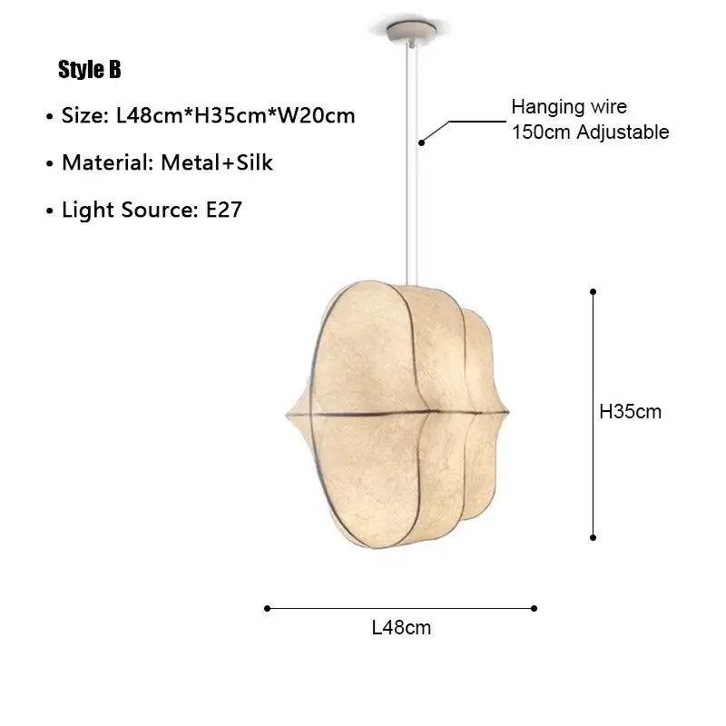 Japanese Wabi-Sabi Silk Pendant Light – Sculptural White Hanging Lamp dimensions and details image.