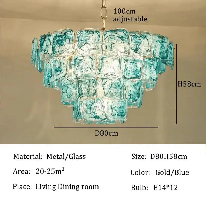 Blue Glass Chandelier with Polished Chrome Finish featuring stunning blue glass shades and polished chrome accents.