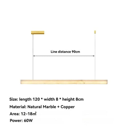 Natural Marble Linear Pendant Light 80–120cm with polished copper and integrated LED, ideal for kitchen islands and dining tables.