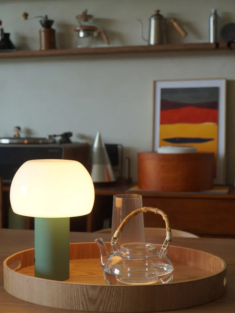 Modern Mushroom LED Table Lamp – Rechargeable & Portable Light on a wooden tray with a teapot and modern decor.