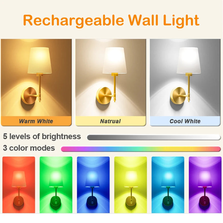 Rechargeable wall sconce with colour and brightness options, remote-control wall light