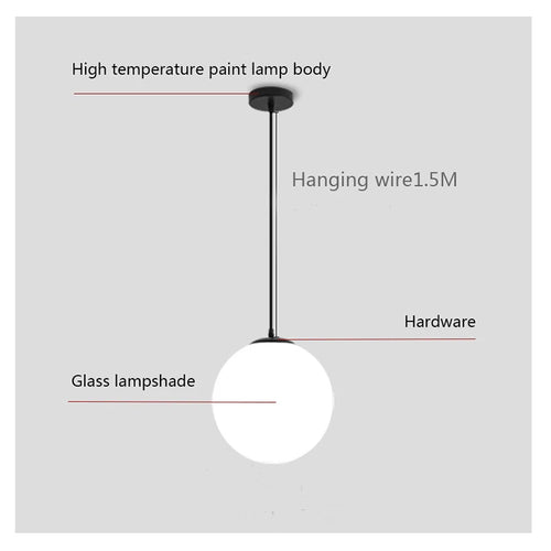 White Glass Globe Pendant Light with Brass or Black Detail