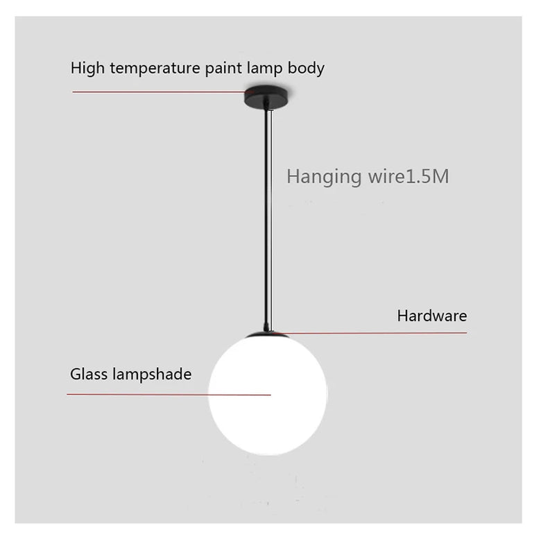 White Glass Globe Pendant Light with Brass or Black Detail