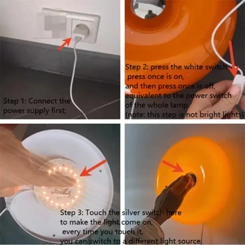 Instructions for using the Glass Donut Wall Lamp, including connection, switch control, and light source options.