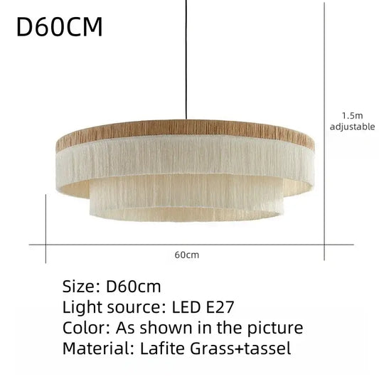 French Retro Grand Fringe Pendant Light – 80cm Vintage Beige Statement Chandelier with tassel lamp design