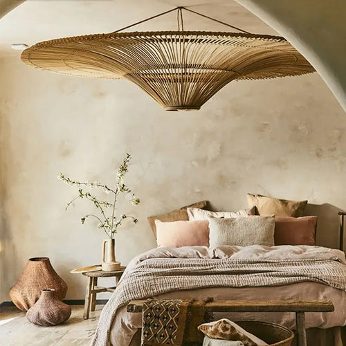 Vintage Designer Rattan Pendant Light hanging in a beautifully styled bedroom, showcasing its handmade elegance and vintage charm.