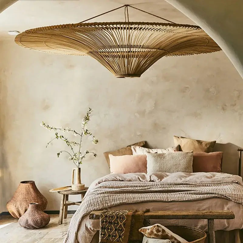 Vintage Designer Rattan Pendant Light hanging in a beautifully styled bedroom, showcasing its handmade elegance and vintage charm.
