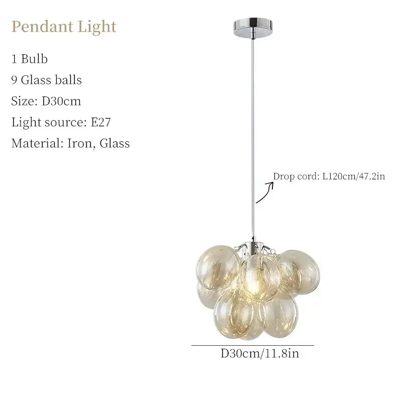 Nordic Smoke Glass Bubble Chandelier – Modern Grape Cluster Pendant Light with 9 glass balls and chrome finish.