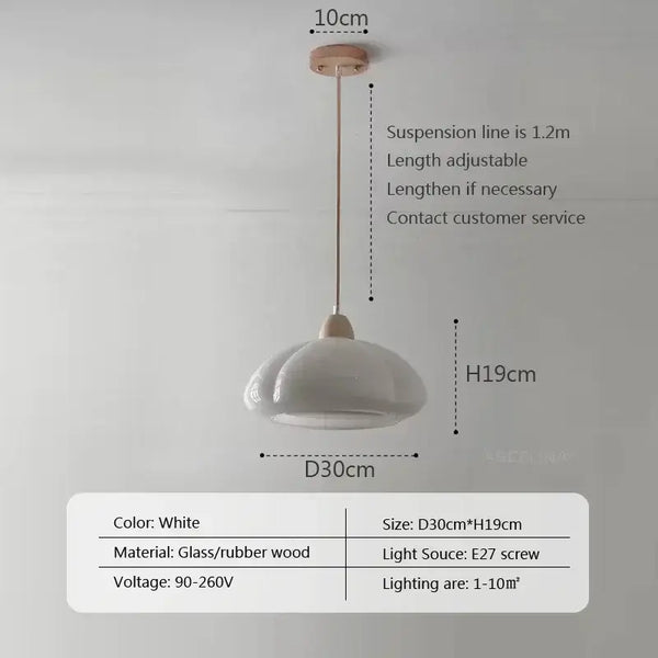 The Ideal Modern Kitchen Glass Pendant in white, adjustable height, glass and rubber wood materials, perfect for contemporary kitchens.