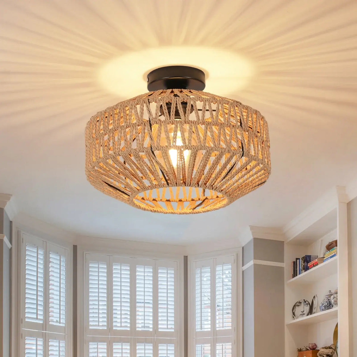Hand-Woven Rattan Ceiling Light with Metal Base