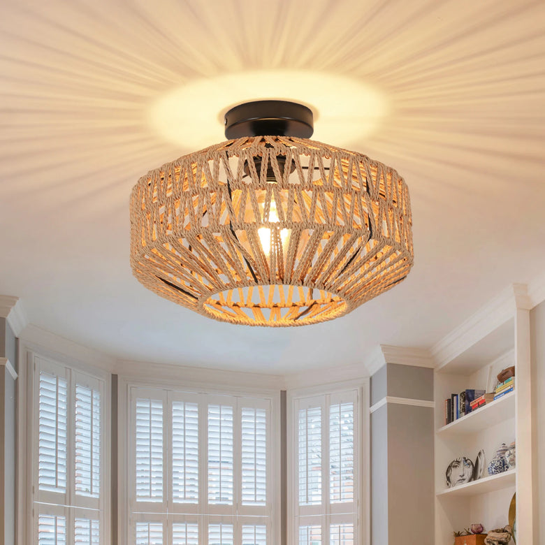 Hand-Woven Rattan Ceiling Light with Metal Base