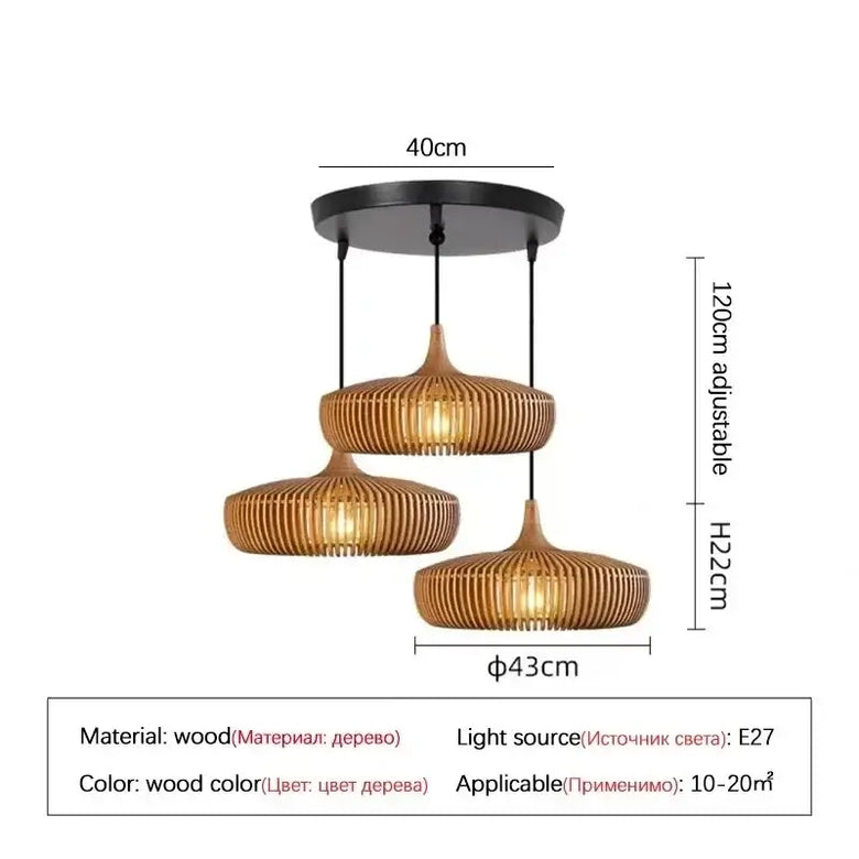 Vintage Wooden Pendant Light – Handcrafted Nordic Birdcage Lamp with three wooden shades and E27 bulbs