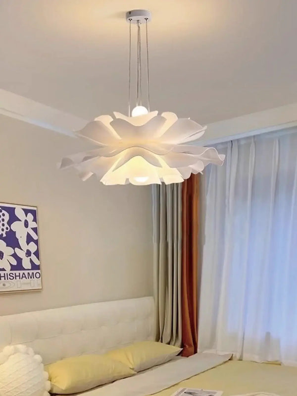 Nordic Simple Chandelier illuminating a serene bedroom with soft ambient light and Scandinavian design elegance.
