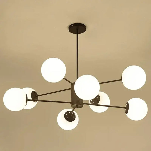 Elegant Mid-Century Modern Pendant Light – Perfect for Hotel Lobbies and Dining Rooms, featuring 8 spherical lights.