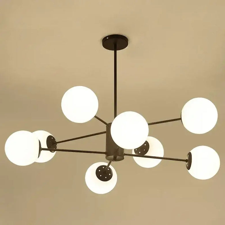 Elegant Mid-Century Modern Pendant Light – Perfect for Hotel Lobbies and Dining Rooms, featuring 8 spherical lights.