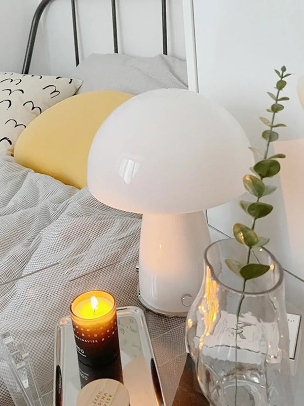 Nordic Mushroom Table Lamp – Retro-Inspired Glass & Iron Mood Light in a cozy bedroom setting.