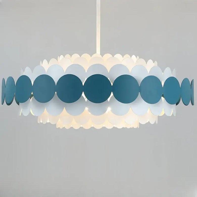 Vintage Mid-century modern Iconic Chandelier featuring a unique circular design in blue and white.