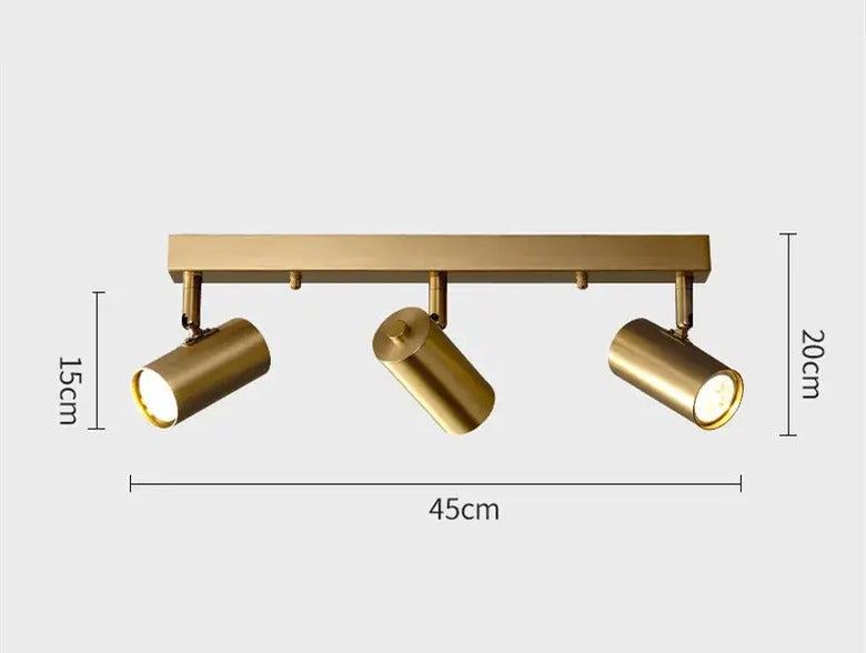 Gold Nordic Minimalist LED Spotlight Ceiling Light with 3 heads, sleek design, and dimensions 45cm x 15cm x 20cm.