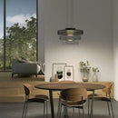 Layered Glass Pendant Light – Modern Amber, Green or Smoke Grey LED Suspension illuminating a stylish dining area.