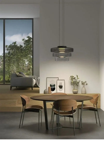 Layered Glass Pendant Light – Modern Amber, Green or Smoke Grey LED Suspension in stylish dining room setting