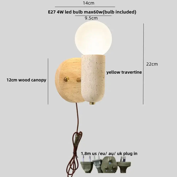 Modern Travertine and Wood Wall Light with Pull Chain – Nordic Style LED Fixture dimensions and features.