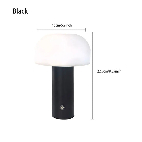 Rechargeable LED Mushroom Table Lamp – Touch Dimmable, Nordic Minimalist Design in Black with dimensions 15cm x 22.5cm.