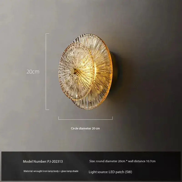 Art Deco Flower Wall Light shown with circular glass shade and LED patch, perfect for modern interior decor.