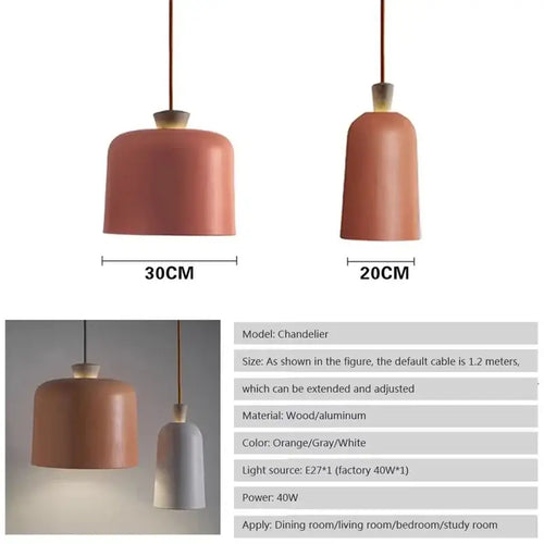 Colourful, modern, metal Danish Light Pendant in orange and white hanging above, showcasing minimalist design and dimensions.