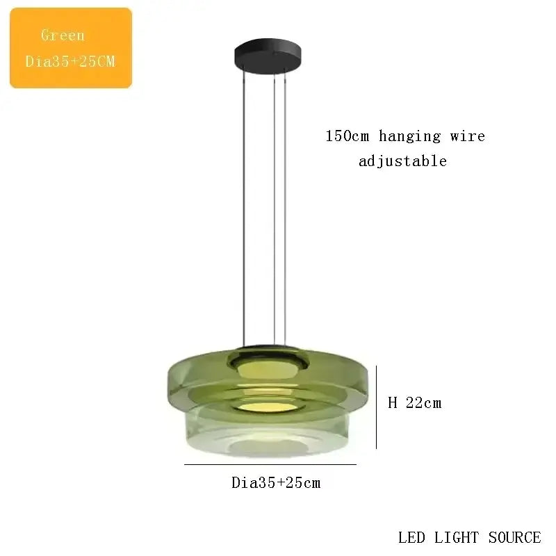 Layered Glass Pendant Light – Modern Amber, Green or Smoke Grey LED Suspension in green color with adjustable wire and LED source