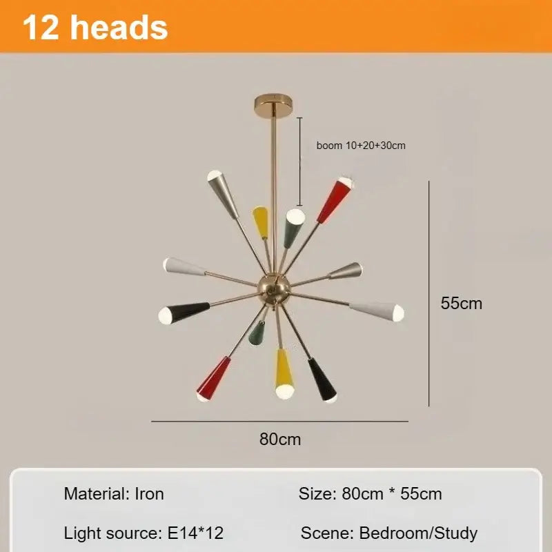 The Ultimate MCM Statement Light – Atomic Sputnik Chandelier with 12 heads, multicoloured design, ideal for stylish interiors.