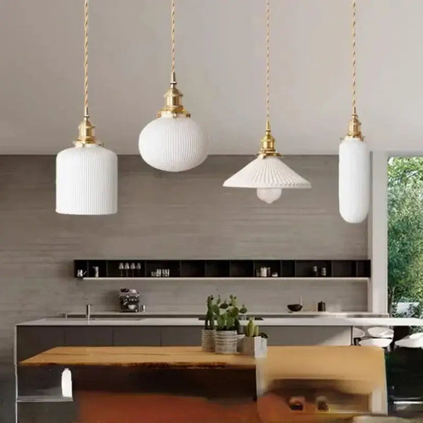 White Ceramic Lamp Shade with Brass Base – Timeless Elegance hanging pendant lights in modern kitchen.